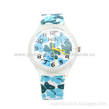 Fashion plastic sports watches, colorful pattern print on strap, can put your logo on dial and strap